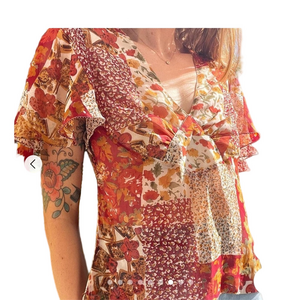 Vintage Women’s Red Cream Orange Floral Flowy Blouse Boho Cottagecore Girly Femi